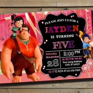 May include: A pink and black birthday invitation featuring Wreck-It Ralph and Vanellope von Schweetz characters. The invitation reads "Please join us for a Jayden is turning five. Saturday November 28, 2:00 PM, Jayden's House, Your Long Address, City, ST 54321, RSVP to Mom at 123-456-7890."