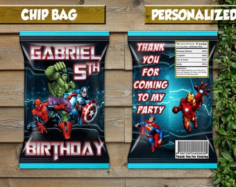 Bolsas de patatas fritas personalizadas de Los Vengadores, artículos para fiestas de cumpleaños infantiles, archivo digital