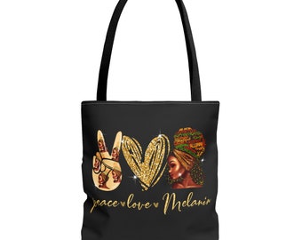 Peace Love Melanine Tote Bag, zwarte dames draagtassen, draagtassen voor zwarte vrouwen, Afro-Amerikaanse dames draagtassen, empowerment draagtassen