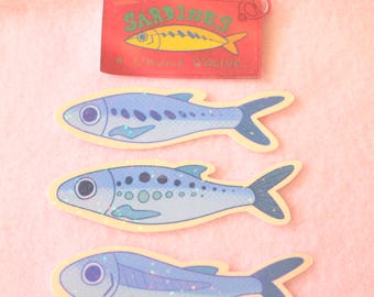 Juego de pegatinas con purpurina de sardinas, pegatinas hechas a mano