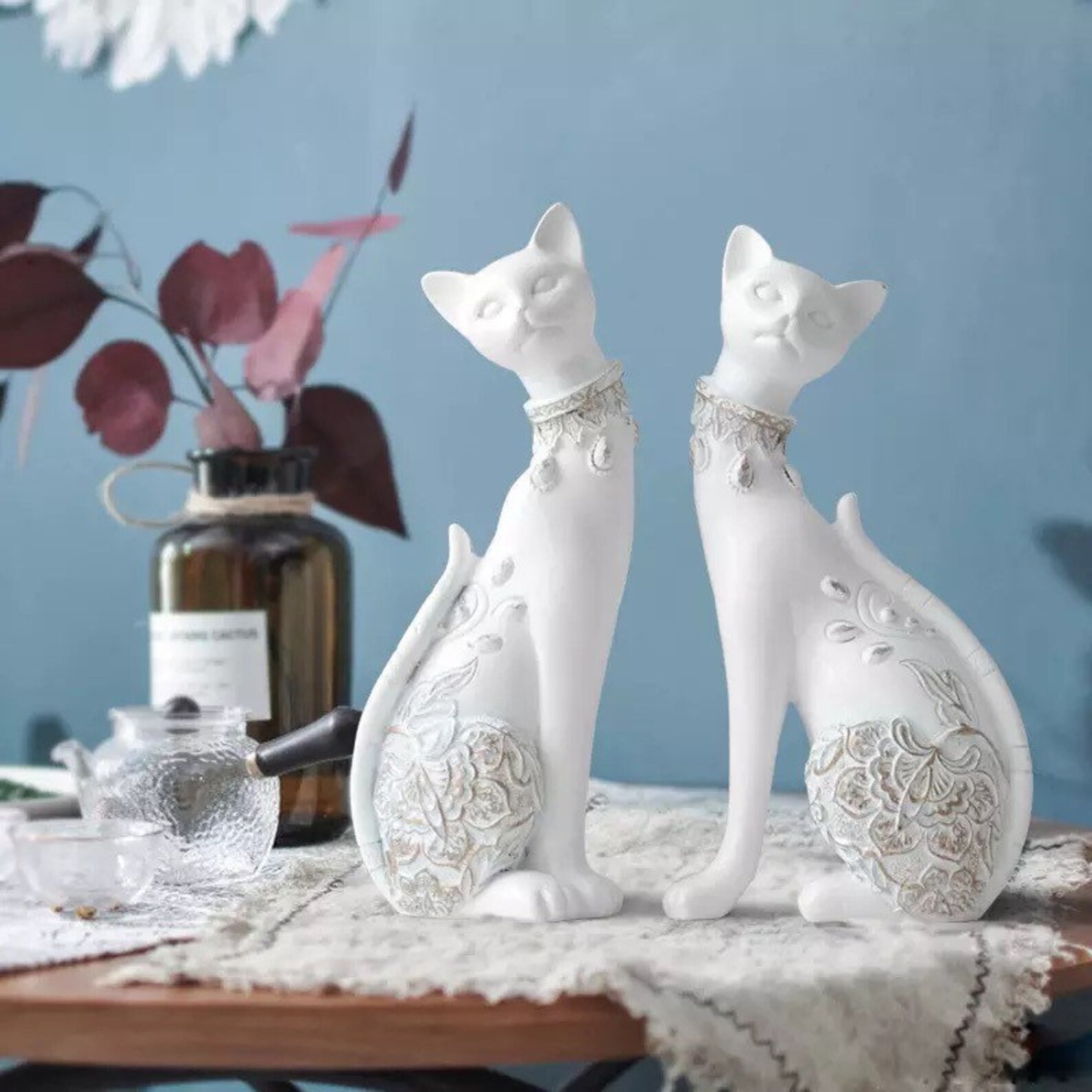 Pair Of Cats Resin Figurine Ornament White Blue Home Decor Etsy