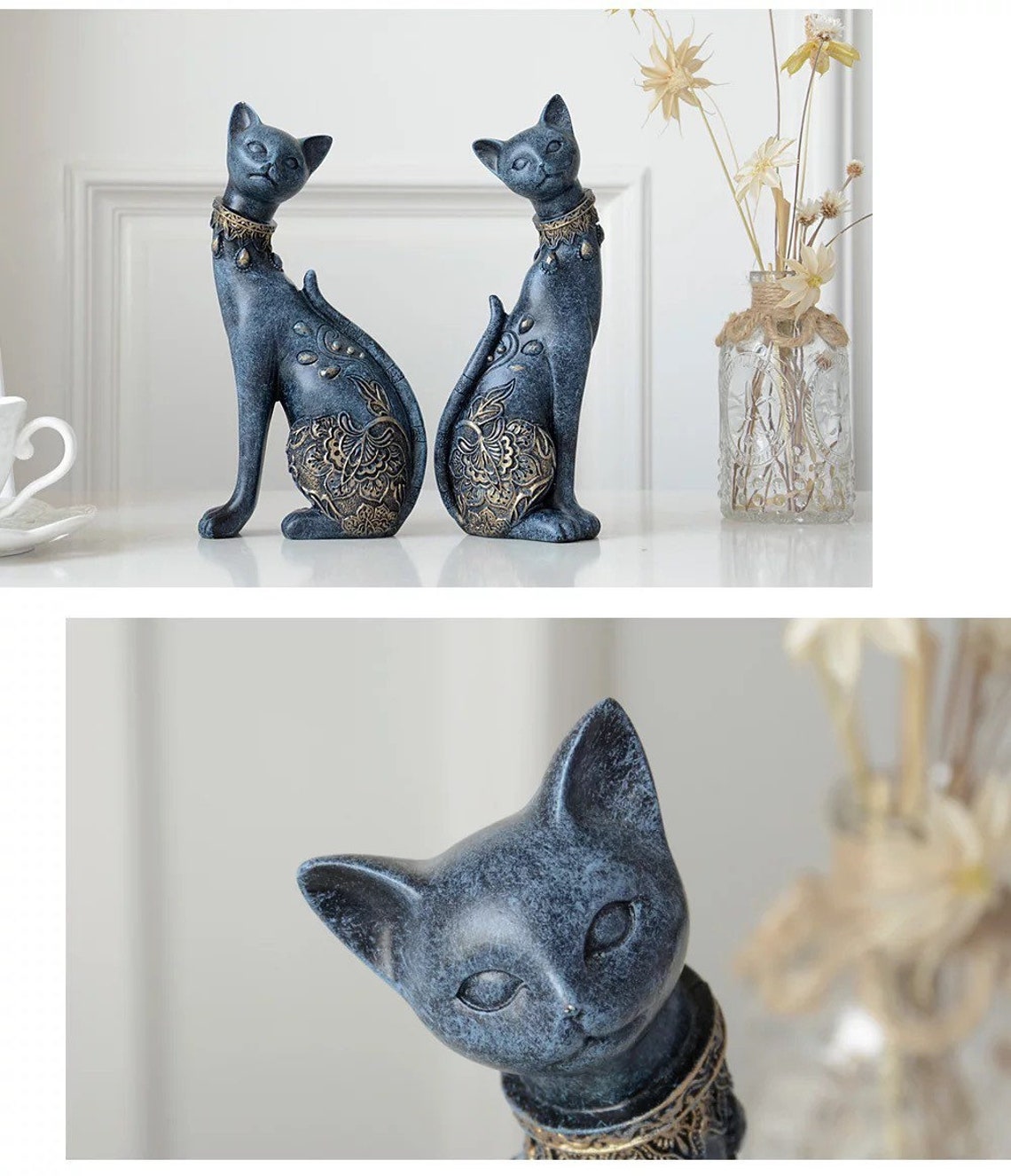 Pair Of Cats Resin Figurine Ornament White Blue Home Decor Etsy