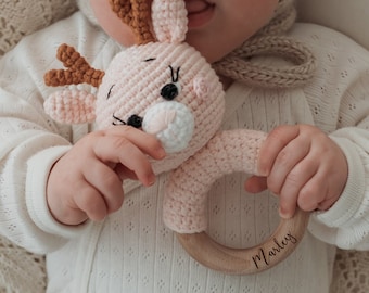 Cotton Crochet Pink Deer Rattles | PERSONALISED | Organic and Eco Natural Grasping Toy | Baby first toy | Newborn gift | Baby keepsake