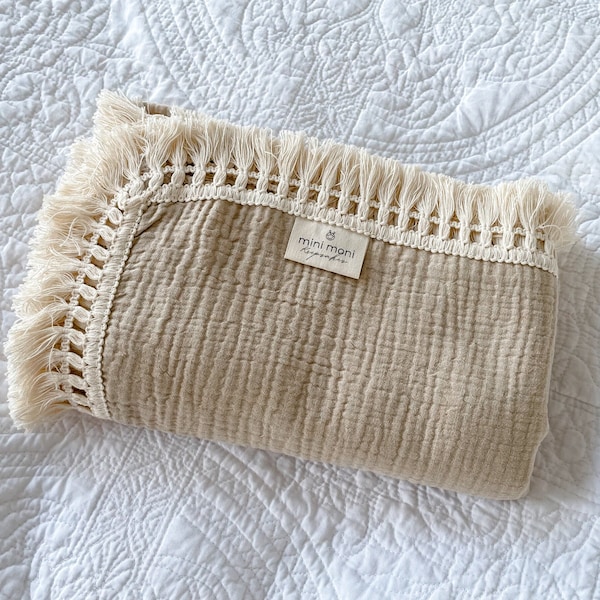 Blanket with Tassel Fringe - Beige | Swaddle Muslin Blanket