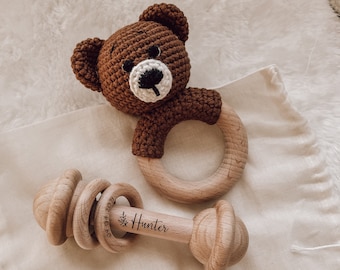PERSONALISED Wooden Rattle and Crochet Toy gift set | Baby Keepsake | Welcome baby gift | Newborn baby boy and girl