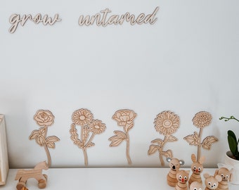 Custom wall script | Five piece flower garden wall art | Nursery, Baby Room or Playroom neutral wooden decor | Children room laser art