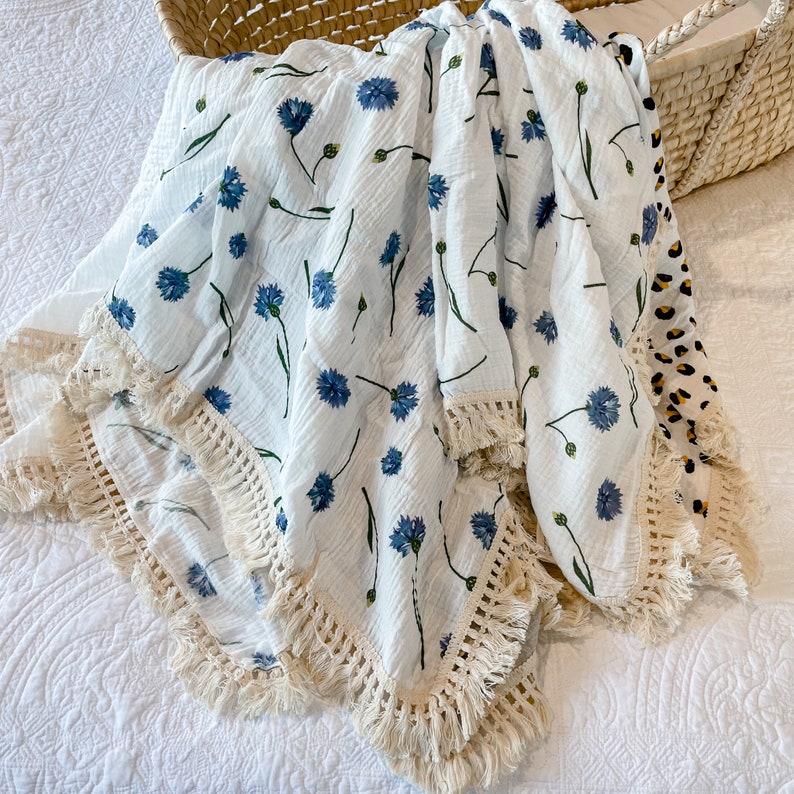 Blanket with Tassel Fringe Blue Floral Swaddle Muslin Blanket image 3