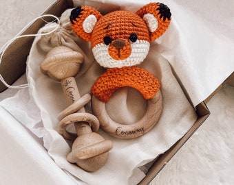 PERSONALISED Wooden Rattle and Crochet Fox gift set | Baby Keepsake | Welcome baby gift | Newborn baby boy and girl