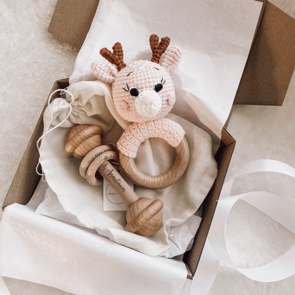 Handmade Rattle and Crochet Bunny gift set | Baby Keepsake | Personalised 2 PIECE SET set | Welcome baby gift | Newborn baby boy and girl