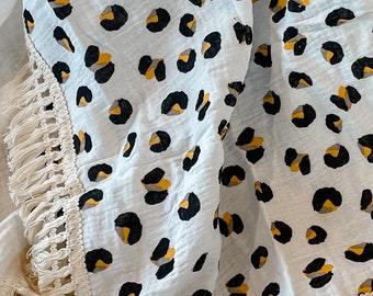 Blanket with Tassel Fringe - Animal Print | Swaddle Muslin Blanket