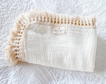 Blanket with Tassel Fringe - Milk | Swaddle Muslin Blanket