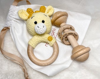 Baby announcement  | Handmade Wooden Rattle and Crochet rattle gift set | Baby Keepsake | Welcome baby gift | Newborn baby boy and girl