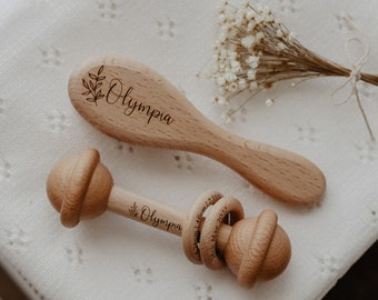 PERSONALISED Keepsake Wooden Rattle and Baby Hairbrush |  Welcome Baby gift set  |  Newborn gift