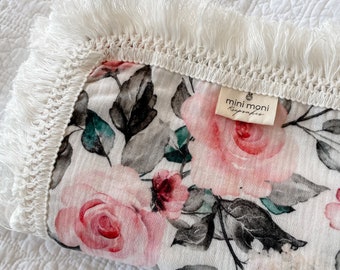 Blanket with Tassel Fringe - Rose Garden | Swaddle Muslin Blanket