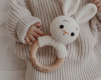 Organic Cotton Crochet Bunny Rabbit Rattles | PERSONALISED | Eco Natural Grasping Toy | Baby first toy | Newborn gift | Baby keepsake