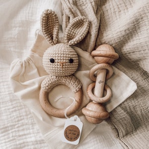 Handmade newborn keepsake gift | Crochet Beige Bunny & Wooden Rattle | For baby girl and boy