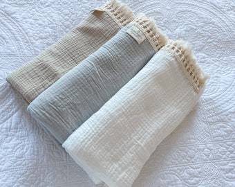 3 x Blankets with Tassel Fringe - Grey | Milk | Beige | Swaddle Muslin Blanket