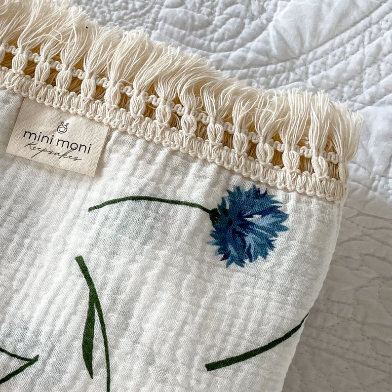 Blanket with Tassel Fringe Blue Floral Swaddle Muslin Blanket image 2