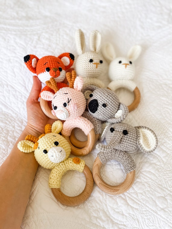 Organic Cotton Crochet Animal Rattles PERSONALISED Eco Natural Grasping Toy  Baby First Toy Newborn Gift Baby Keepsake 