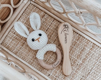 PERSONALISED Crochet Organic Cotton Rattle & Baby Brush Gift Set | Newborn Gift Set | Welcome baby gift | Baby Boy Girl Gift Set