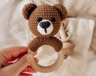 Hochets ours brun en coton crocheté | PERSONNALISÉ | Jouet à saisir naturel biologique et écologique | Premier jouet pour bébé | Cadeau nouveau-né | Souvenir de bébé