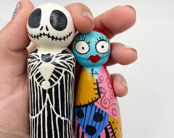 Jack and Sally Wooden Peg Doll Set (inspired by Nightmare Before Christmas)