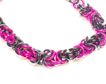 Black & Hot Pink Byzantine Chainmail Bracelet – Handmade Aluminum Jewelry