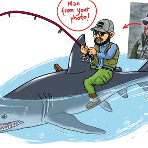 Personalized portrait, Custom illustration, Your photo on my draw, "The man on the shark"