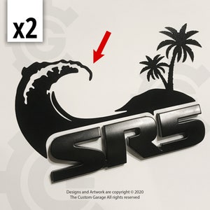 May include: Black and white decal of a wave and palm trees with the text "SR5" in black. The decal is designed for a vehicle.