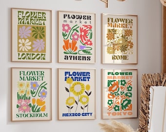 Flower Market Set Of 6 Prints , Eclectic Gallery Set, Apartment Decor Boho, Earth Tone Print Set, Neutral Gallery Wall Art, Swedish Art