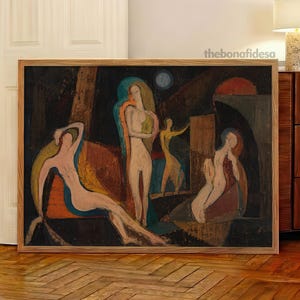 Puede incluir: Una pintura rectangular enmarcada que presenta cuatro figuras humanas estilizadas en un paisaje oscuro y texturizado. La obra utiliza una paleta de tonos rosa, naranja, azul y negro. El texto thebonafidesa está impreso en la esquina superior derecha.