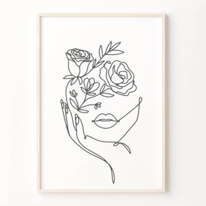 Femme avec impression capitule, dessin au trait féminin minimaliste moderne, impression femme fleurs, dessin au trait minimal femme, croquis d'art mural