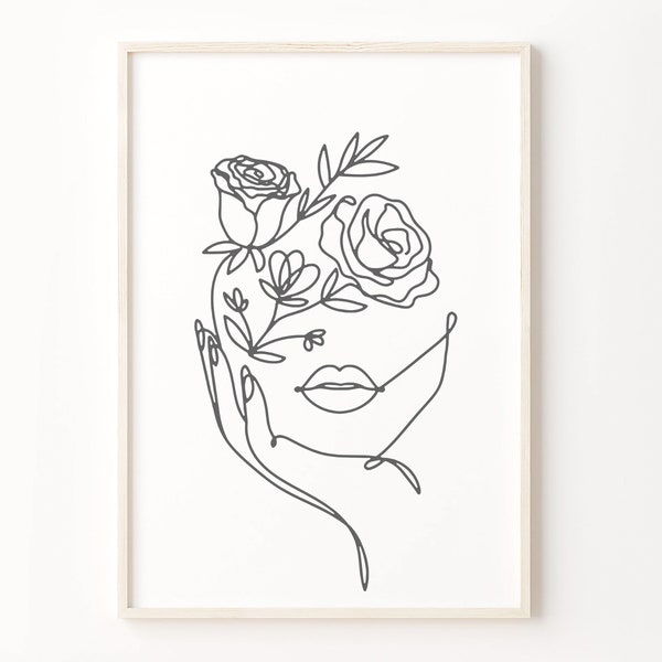 Woman With Flower Head Print, Modern Minimalist Female Line Drawing, Flowers Woman Print, Minimal Line Drawing Woman, Wall Art Sketch