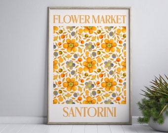 Santorini Poster, Flower Market Print, Greece Travel Poster, Maximalist Decor, Flower Printable Art, Eclectic Gallery Wall, Digital Download