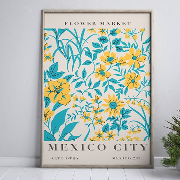 Flower Market Art Print, Mexico City Poster, Mexico Travel Poster, Mexico Watercolor Wall Art, Watercolor Flower Digital Download, Vintage