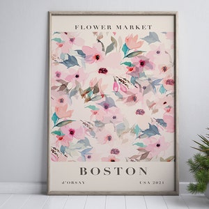 Boston Poster, USA Travel Poster, USA Watercolor Wall Art, Flower Market Art Print, Watercolor Flower Digital Download, Vintage