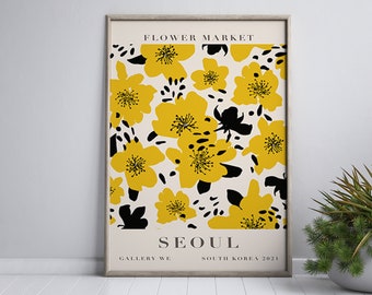 Impression de marché aux fleurs, affiche de Séoul, art mural de Séoul, affiche de voyage de Séoul, art coréen, marché aux fleurs, fleur pastel, art mural minimaliste beige