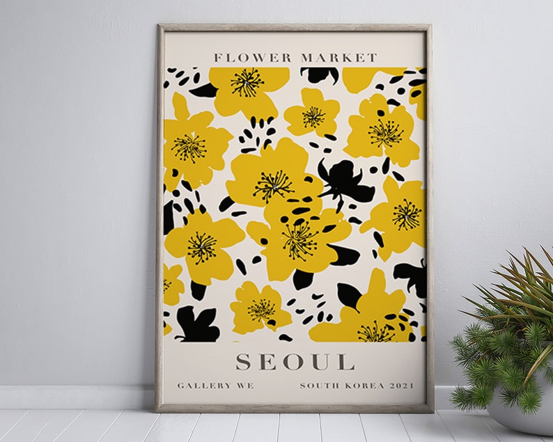 Flower Market Print, Seoul Poster, Seoul Wall Art, Seoul Travel Poster, Korean Art, Flower Market, Pastel Flower, Beige Minimalist Wall Art image 1