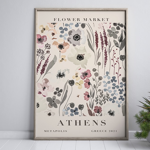 Flower Market Print, Athens Poster, Greece Travel Art Poster, Greece Watercolor Wall Art, Watercolor Flower Digital Download, Vintage