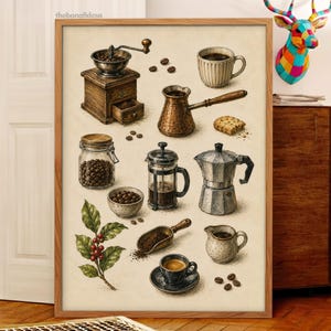 Puede incluir: Una lámina enmarcada con una colección de ilustraciones relacionadas con el café, que incluye un molinillo de madera, una cezve de cobre, un tarro de cristal con granos, una prensa francesa, una cafetera italiana, una rama de café y tazas.