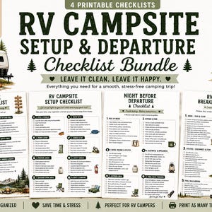 May include: A digital bundle of four printable RV campsite checklists titled RV CAMPSITE SETUP & DEPARTURE. The documents include arrival, setup, departure, and breakdown lists with checkboxes, icons, and text instructions for camping organisation.