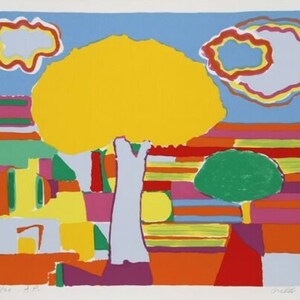 May include: Abstract art print with a yellow tree, green bush, and colorful striped background. The print features two blue clouds with red outlines.