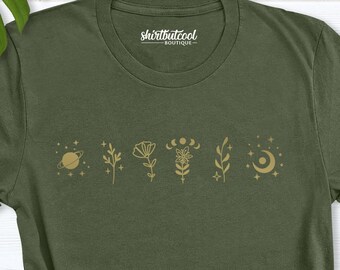 Minimalist Flower-Moon-Plant-Planet Shirt, Boho T-shirt, Hippie Shirt, Astrology Outfit, Women Gift, Girl Christmas Gift, Simple Plant Shirt