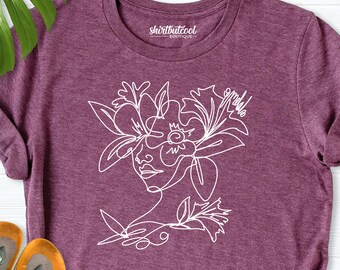 Floral Women Face Shirts, Flower Painter Mom Tee, Minimalist Shirt, Line Art Feminine Shirt, Cute Girlfriend Shirt, Abstract Drawing Shirt