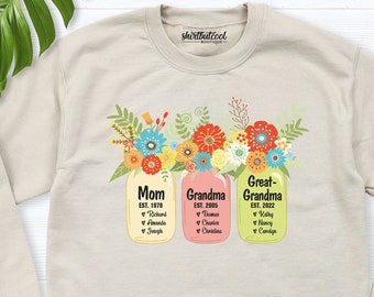 Great Grandma With kids Names est sweatshirt, Mothers Day gift tee, Custom great grandma sweatshirt, mom grandma hoodie, grandma long sleeve