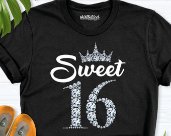 Camiseta de dulces dieciséis, camisetas de cumpleaños número 16, camisetas de cumpleaños personalizadas, camiseta de cumpleaños de niña, camiseta de dulces 16, camiseta de fiesta de cumpleaños de niña, camisetas de cumpleaños