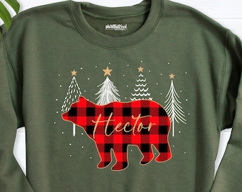 Personalized Christmas bear sweatshirt, Buffalo Plaid Bear Christmas longsleeve, Family Bear shirts, Bear Mama Hoodie, Family Christmas bear