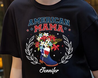 Camisa vaquera americana del 4 de julio, camisa vaquera americana personalizada, camisa de mamá del 4 de julio, camisa retro con botas vaqueras y bandera americana