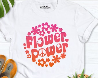 Flower Hippie shirt, Floral Boho Shirts, Retro Groovy Flower Tee, 70s Hippie Shirt, Peace Symbol Shirt,women birthday gift, Hippie party tee