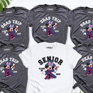 May include: Five t-shirts featuring a cartoon image of Mickey Mouse dressed in a graduation gown and cap. The shirts are gray and white with the text "Grad Trip Class of 2025" and "Senior Class of 2025".